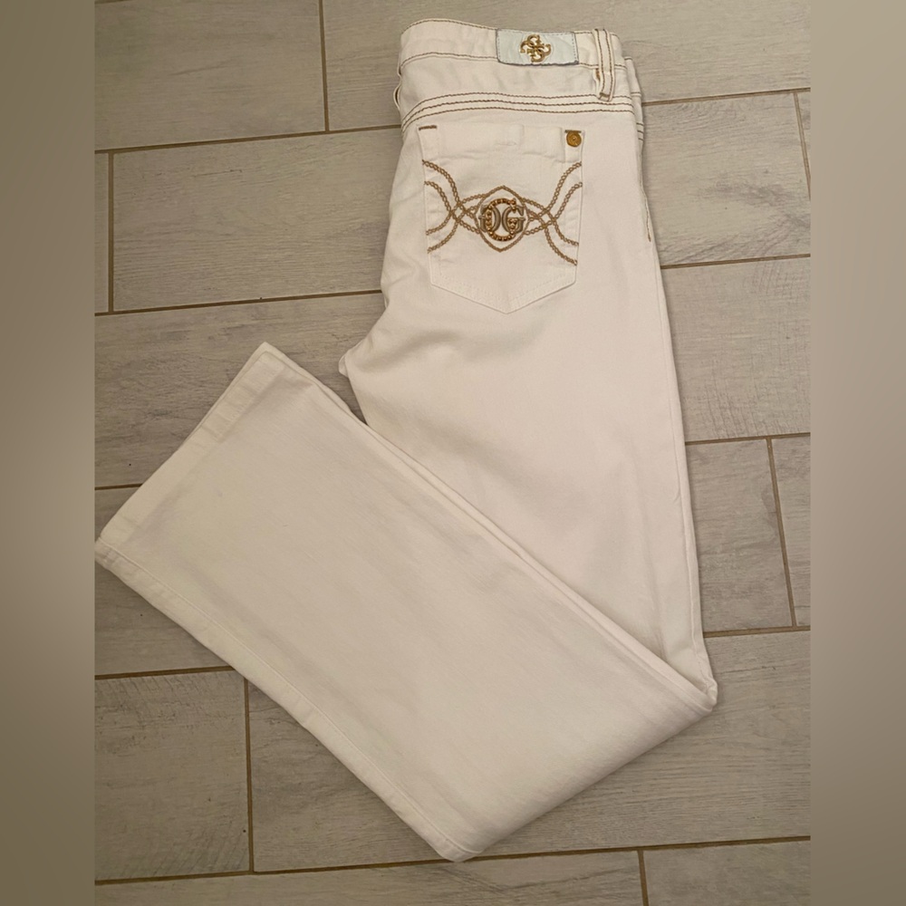 Guess Premium Jeans Women’s Size 32 White Denim Bootcut Gold Embroidery Detail